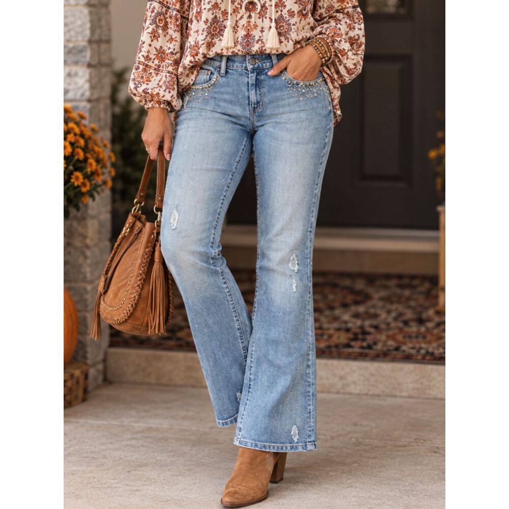 Elie Tahari Y2K Boho Embellished Bootcut Jeans Womens 6 Hippie Distressed Denim